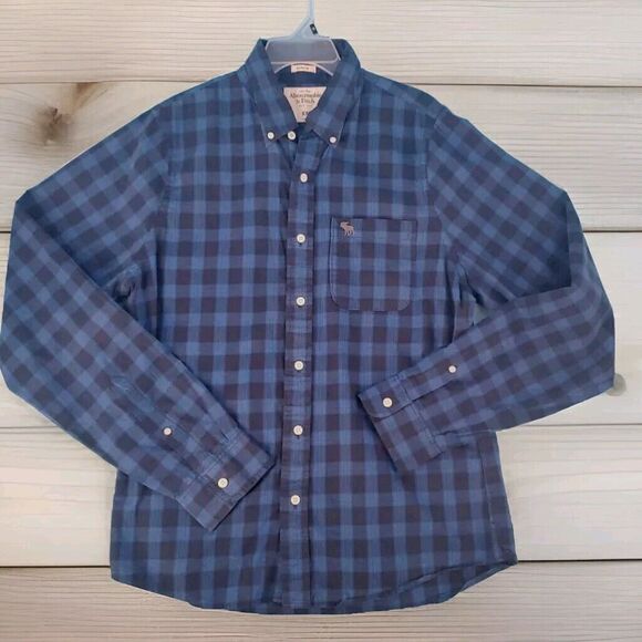 Abercrombie & Fitch Xxl Button Down Blue Plaid Chest Pocket Logo Long Sleeve - Picture 2 of 14